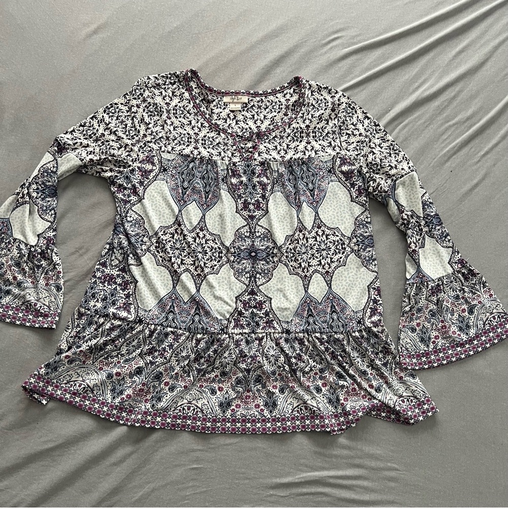Womens STYLE & CO Flowey Sleeve BOHO Print Top Lattice Neck Size Large
